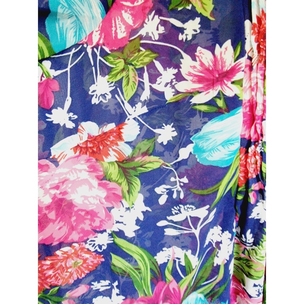 Roamans Womens 20W Blue Floral Pleated V-Neck Roll Tab Sleeve Chiffon Blouse - Picture 9 of 13